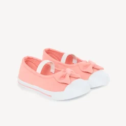 Babies rose clair en toile avec nœud et lanière élastiquée pour fille