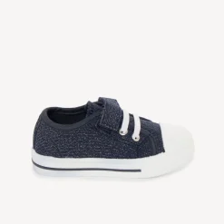 Baskets basses en toile bleu marine scratch et élastiques pour bébé fille