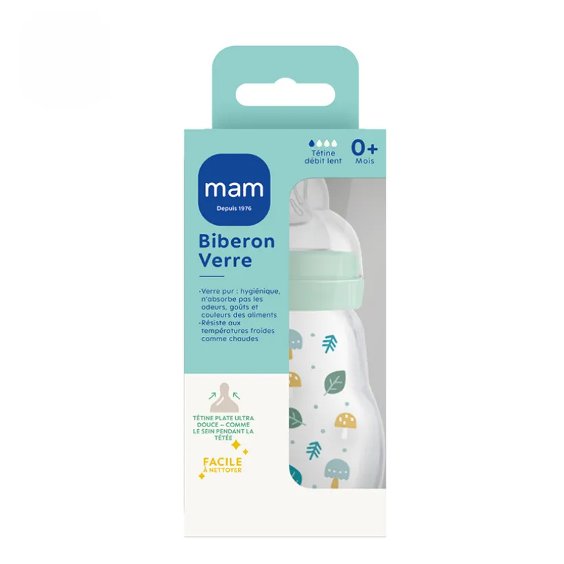 Biberon en verre 0/6 mois 170ml - Tétine débit 1 - Bleu