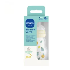 Biberon en verre tétine débit 1 0-6 mois 170 ml – Blanc