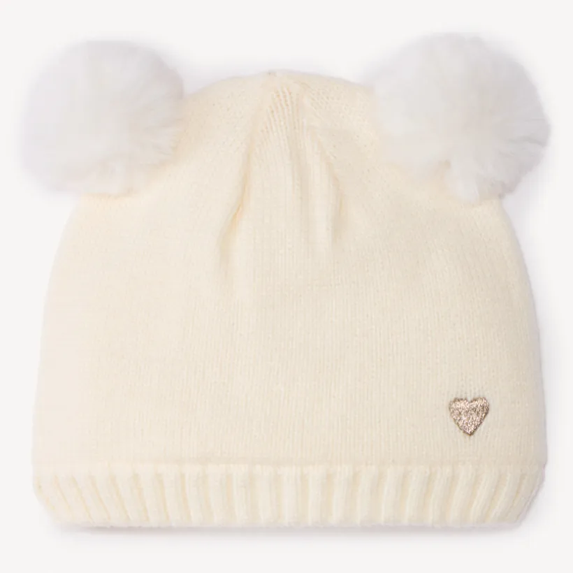 Bonnet à pompons fantaisie et cœur brodé pour bébé fille