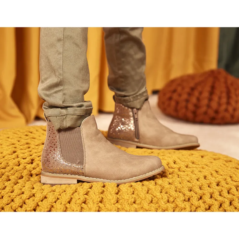 Bottes basses bi-matière camel à effet brillant pour enfant fille