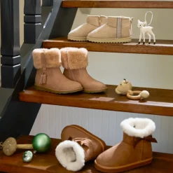Bottes fourrée beige à zip et bande brodée pour fille