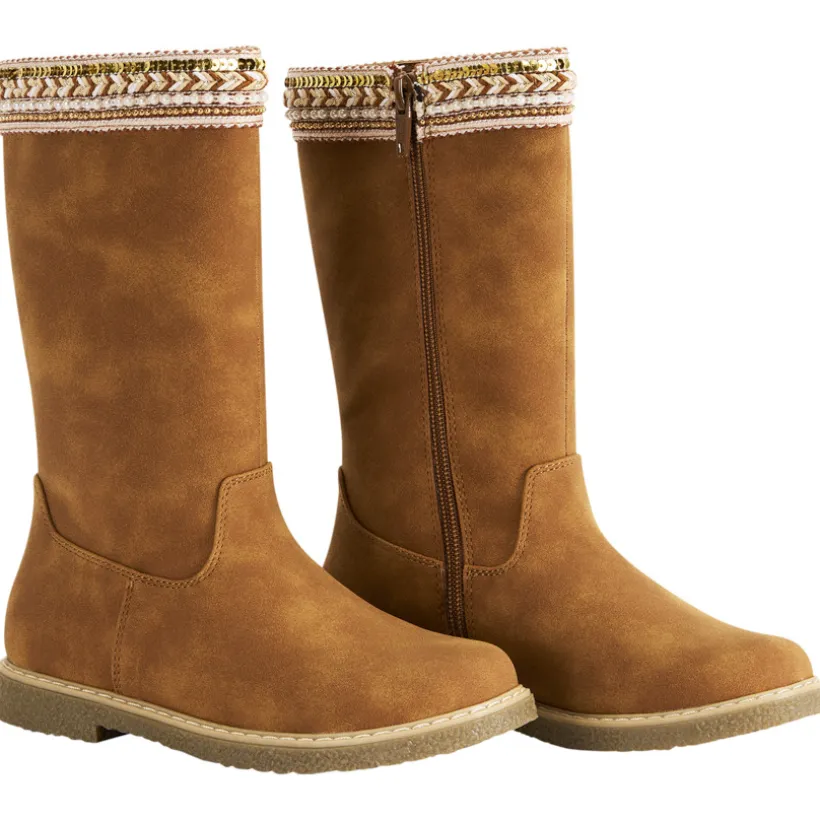 Bottes marron à zip et galon textile avec perles et sequins pour fille