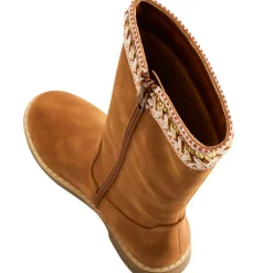 Bottes marron à zip et galon textile avec perles et sequins pour fille