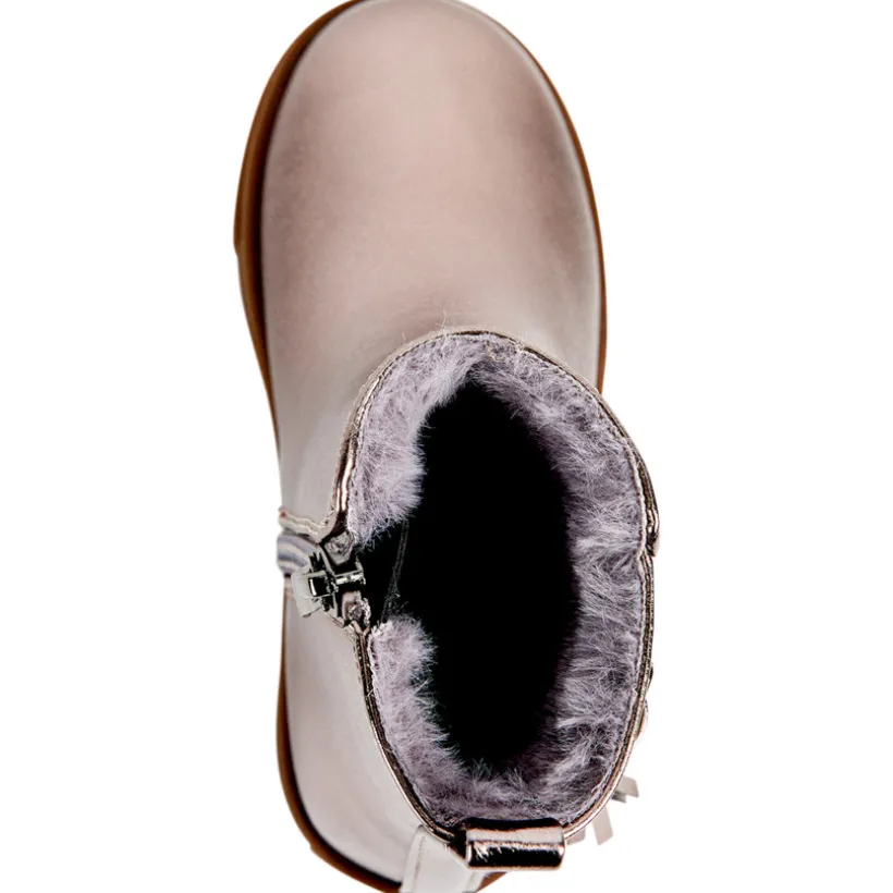 Bottillon gris irisé à zip + boucle avec pompon fantaisie pour fille