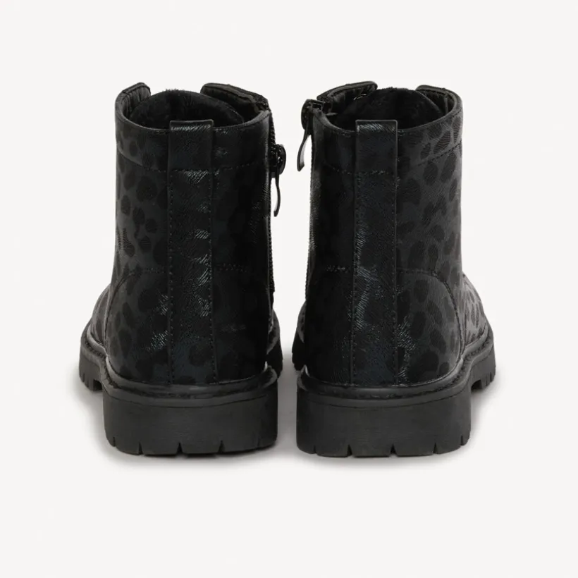 Bottillons noirs à lacet et zip imprimé léopard pour fille