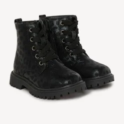 Bottillons noirs à lacet et zip imprimé léopard pour fille
