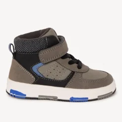 Bottillons taupe à col velours avec lacets et velcros pour bébé garçon