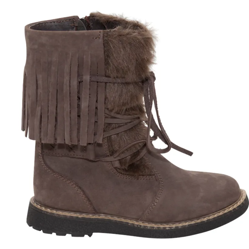 Bottines en cuir à laçage avec fausse fourrure et franges