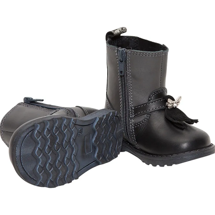 Bottines noires en cuir avec boucle et franges et empiècements fantaisie