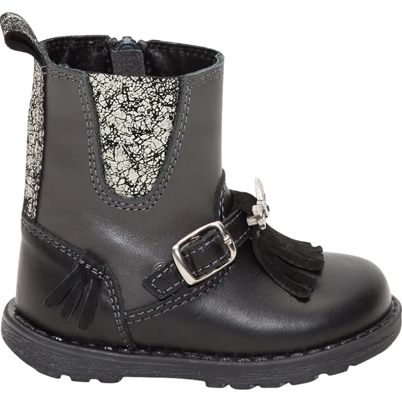 Bottines noires en cuir avec boucle et franges et empiècements fantaisie