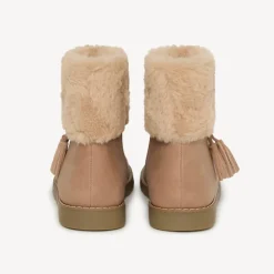 Bottines vieux rose à zip et revers fourrure + pompon pour fille