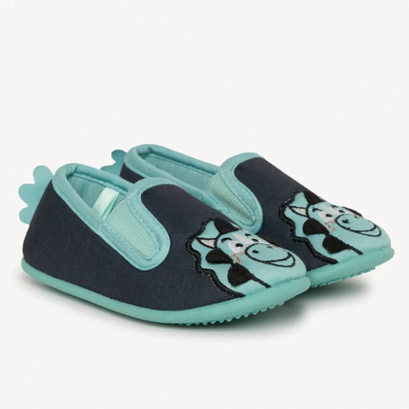 Chaussons bas noir et bleu brodé dinosaure pour garçon