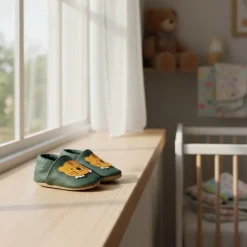 Chaussons bébé en cuir 6-12M Léo le lionceau vert