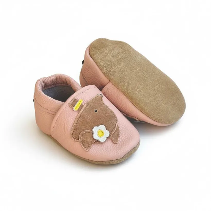 Chaussons bébé en cuir 0-6M Maguy la souris rose