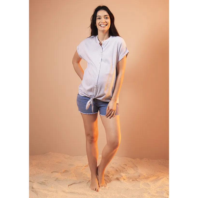 Chemise de grossesse manches courtes à rayures en voile