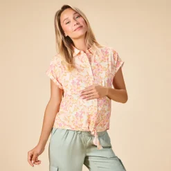 Chemise manches courtes à nouer imprimé floral pour femme