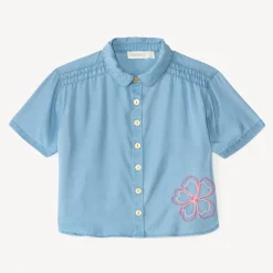 Chemise manches courtes épaules smockées fleurs en cording pour fille