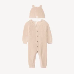 Combinaison + bonnet en tricot perlée uni pour bébé