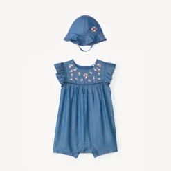 Combinaison courte + charlotte en tencel brodée de fleurs pour bébé fille