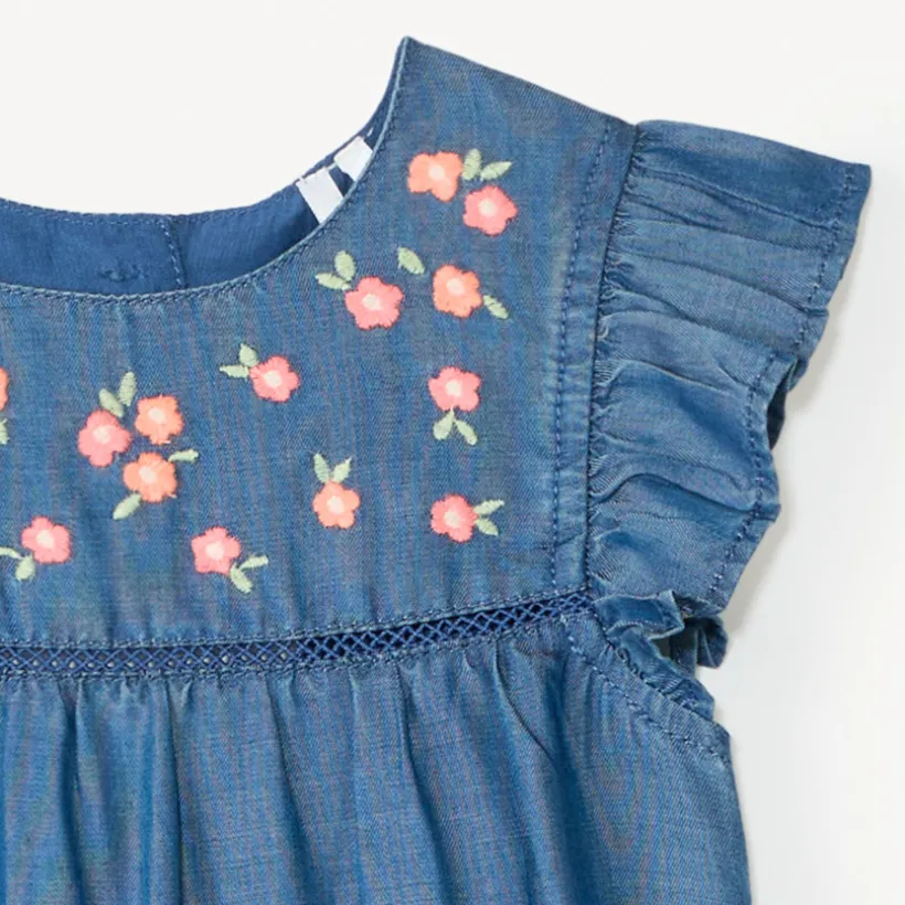 Combinaison courte + charlotte en tencel brodée de fleurs pour bébé fille