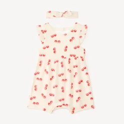 Combinaison courte imprimée cerises + bandeau nœud pour bébé fille