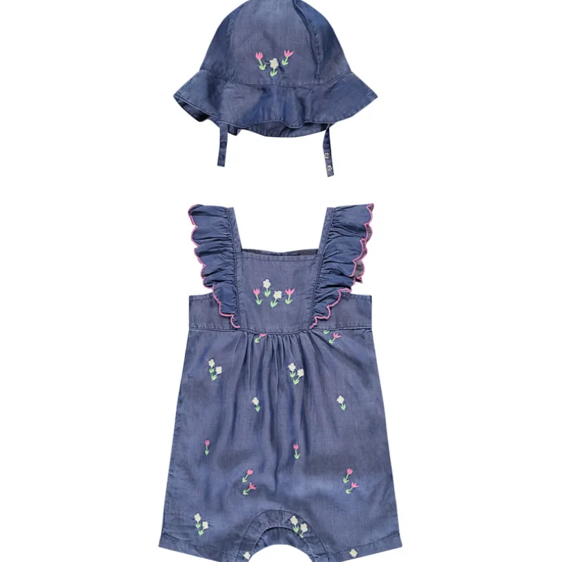 Combishort + charlotte en toile brodée de fleurs pour bébé fille