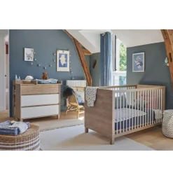 Commode 3 tiroirs en chêne blond et blanc Achille