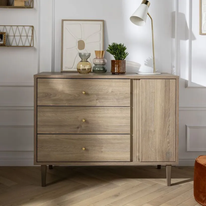Commode à 3 tiroirs et 1 porte Mokka aspect chêne mokka
