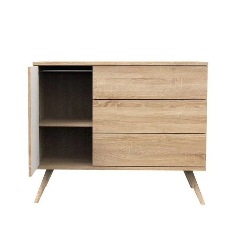 Commode à 3 tiroirs et 1 porte Seventies aspect chêne doré/vanille