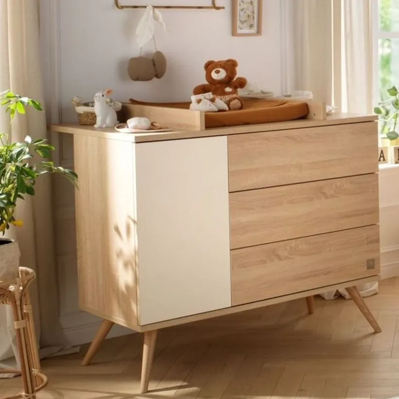 Commode à 3 tiroirs et 1 porte Seventies aspect chêne doré/vanille