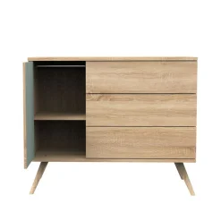 Commode à 3 tiroirs et 1 porte Seventies aspect chêne doré/sauge