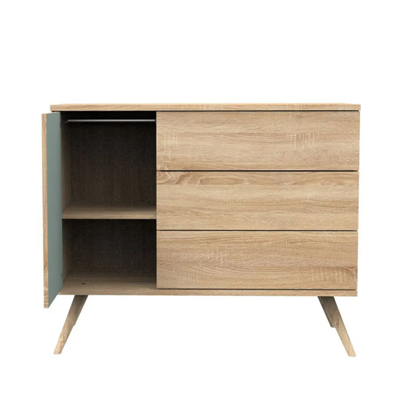 Commode à 3 tiroirs et 1 porte Seventies aspect chêne doré/sauge