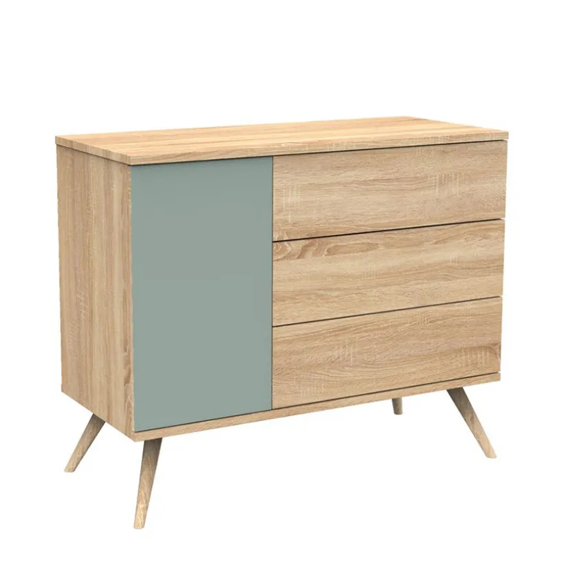 Commode à 3 tiroirs et 1 porte Seventies aspect chêne doré/sauge