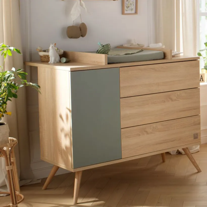 Commode à 3 tiroirs et 1 porte Seventies aspect chêne doré/sauge