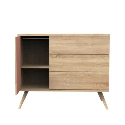 Commode à 3 tiroirs et 1 porte Seventies aspect chêne doré/terracotta