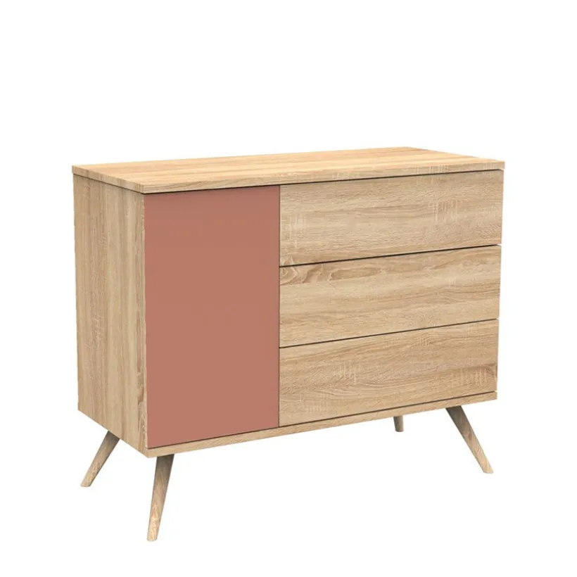 Commode à 3 tiroirs et 1 porte Seventies aspect chêne doré/terracotta