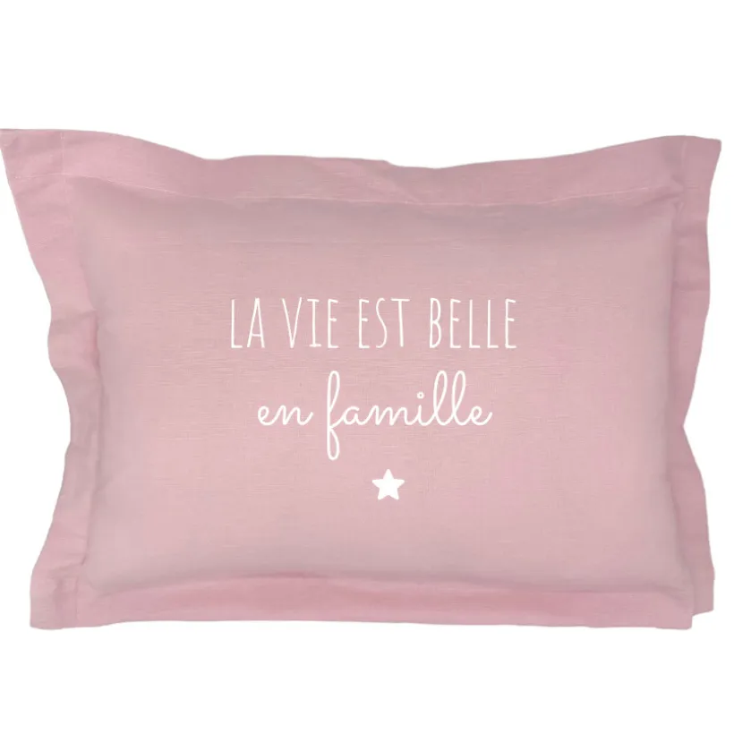 Coussin déco "La vie est belle en famille" - Rose