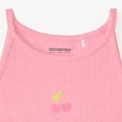 Débardeur court en maille côtelée broderie cerise pour fille