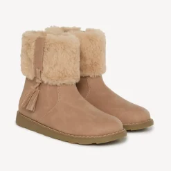 Demies bottes beiges avec pompon et revers fourrure pour bébé fille