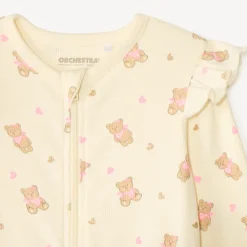 Dors-bien en maille côtelée zippé imprimé ourson pour bébé fille