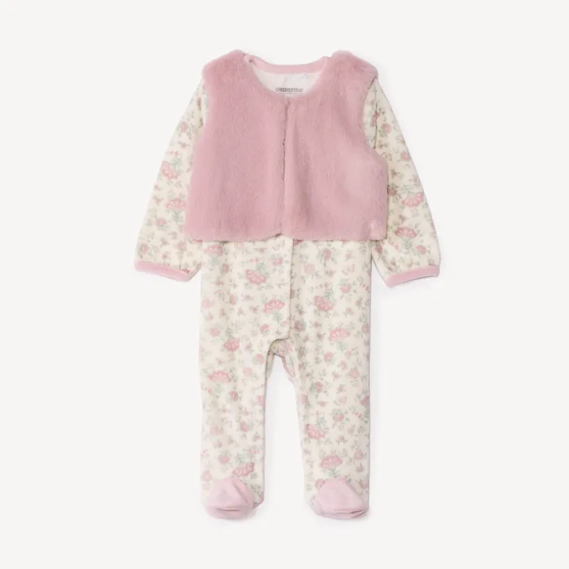 Dors-bien imprimé fleuri + gilet pour bébé fille avec ouvertures différentes selon l'âge