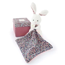 Doudou Boh'aime lapin blanc avec mouchoir imprimé