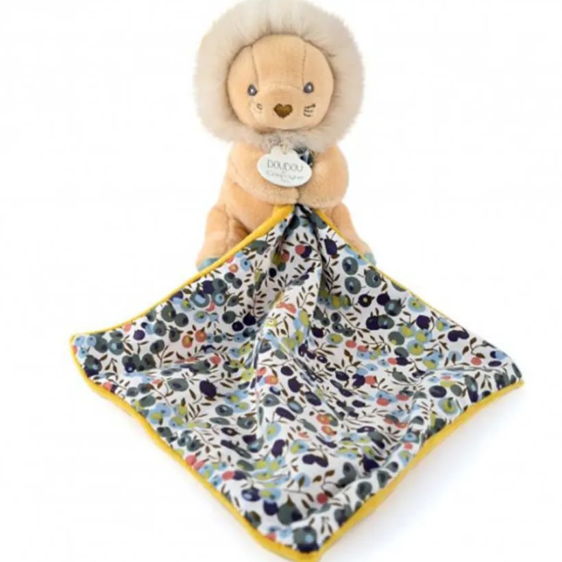 Doudou Boh'aime lion jaune avec mouchoir imprimé