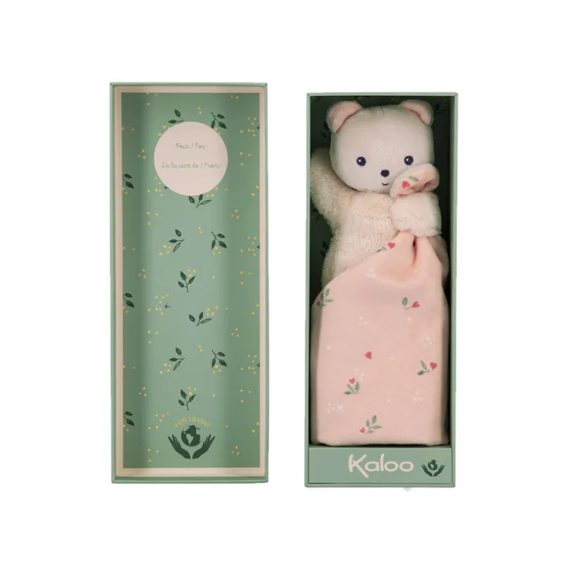 Doudou ours carré imprimé feuilles 17cm