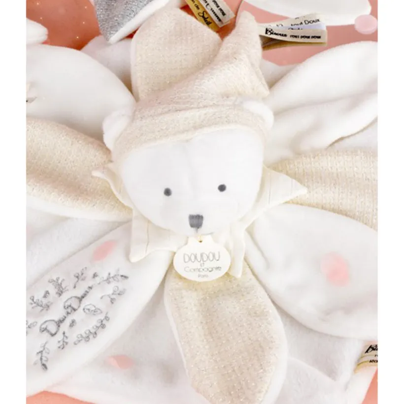 Doudou plat pétales ours 25cm Collector 25 ans Blanc