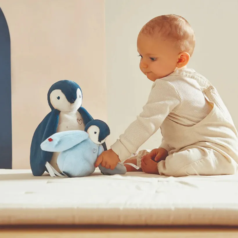 Duo de peluches manchots câlins bleu