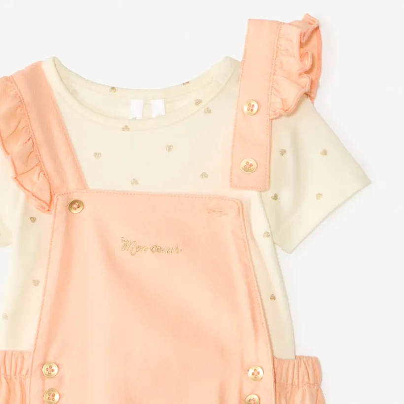 Ensemble court 2 pièces body + barboteuse fantaisie à cœurs pour bébé fille