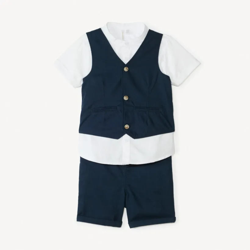 Ensemble court 3 pièces chemise manches courtes + gilet + bermuda pour bébé garçon
